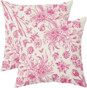 Hot Pink Floral Pillow Covers 18x18 Set of 2 Vintage Flower Chinoiserie Cream Decorative Throw Pillows Outdoor Country Farmhouse Pillowcases Square Cushion Case Decor for Home Sofa Couch Bed