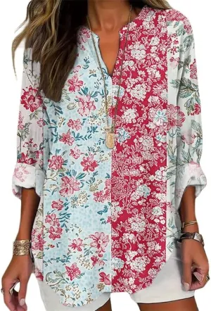 HOTYD Boho Tunic Tops for Women Long Sleeve V Neck Vintage Floral Print Blouses Dressy Casual Loose Fit Ladies Summer Tops