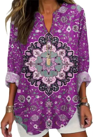 HOTYD Boho Tunic Tops for Women Long Sleeve V Neck Vintage Floral Print Blouses Dressy Casual Loose Fit Ladies Summer Tops