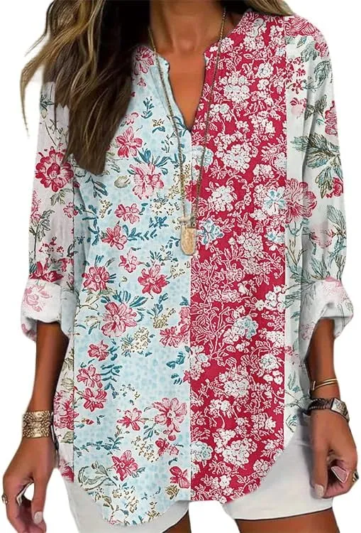 HOTYD Boho Tunic Tops for Women Long Sleeve V Neck Vintage Floral Print Blouses Dressy Casual Loose Fit Ladies Summer Tops