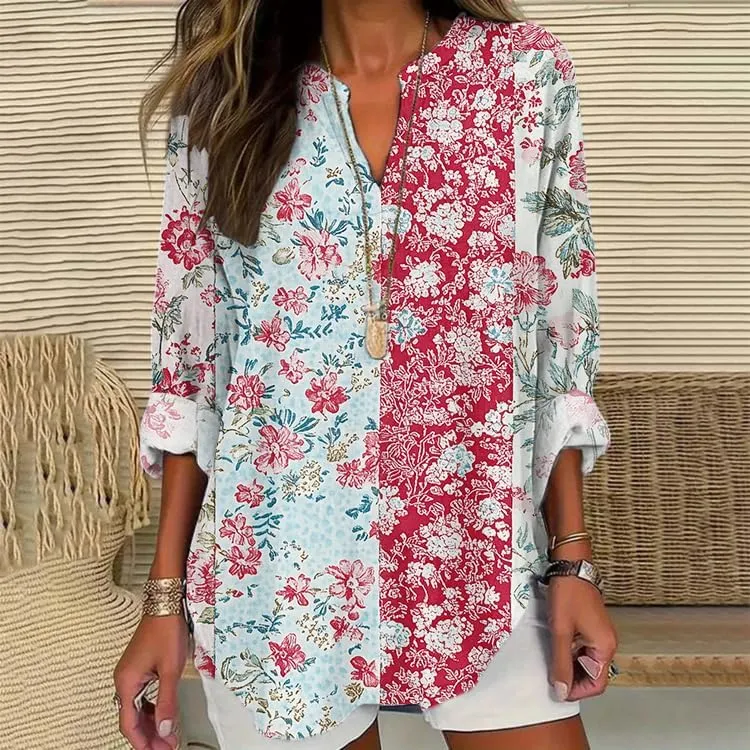 HOTYD Boho Tunic Tops for Women Long Sleeve V Neck Vintage Floral Print Blouses Dressy Casual Loose Fit Ladies Summer Tops