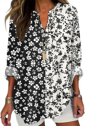 HOTYD Boho Tunic Tops for Women Long Sleeve V Neck Vintage Floral Print Blouses Dressy Casual Loose Fit Ladies Summer Tops