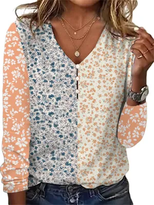 HOTYD Long Sleeve Button V Neck Boho Tops for Women Dressy Casual Floral Print Blouses Vintage Ethnic Graphic Tees