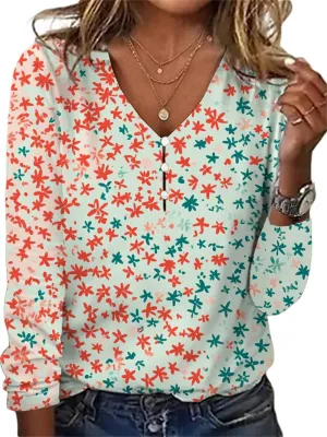HOTYD Long Sleeve Button V Neck Boho Tops for Women Dressy Casual Floral Print Blouses Vintage Ethnic Graphic Tees