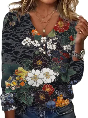 HOTYD Long Sleeve Button V Neck Boho Tops for Women Dressy Casual Floral Print Blouses Vintage Ethnic Graphic Tees