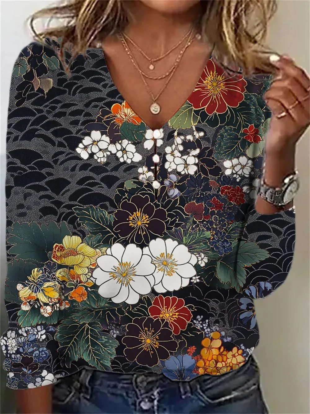 HOTYD Long Sleeve Button V Neck Boho Tops for Women Dressy Casual Floral Print Blouses Vintage Ethnic Graphic Tees