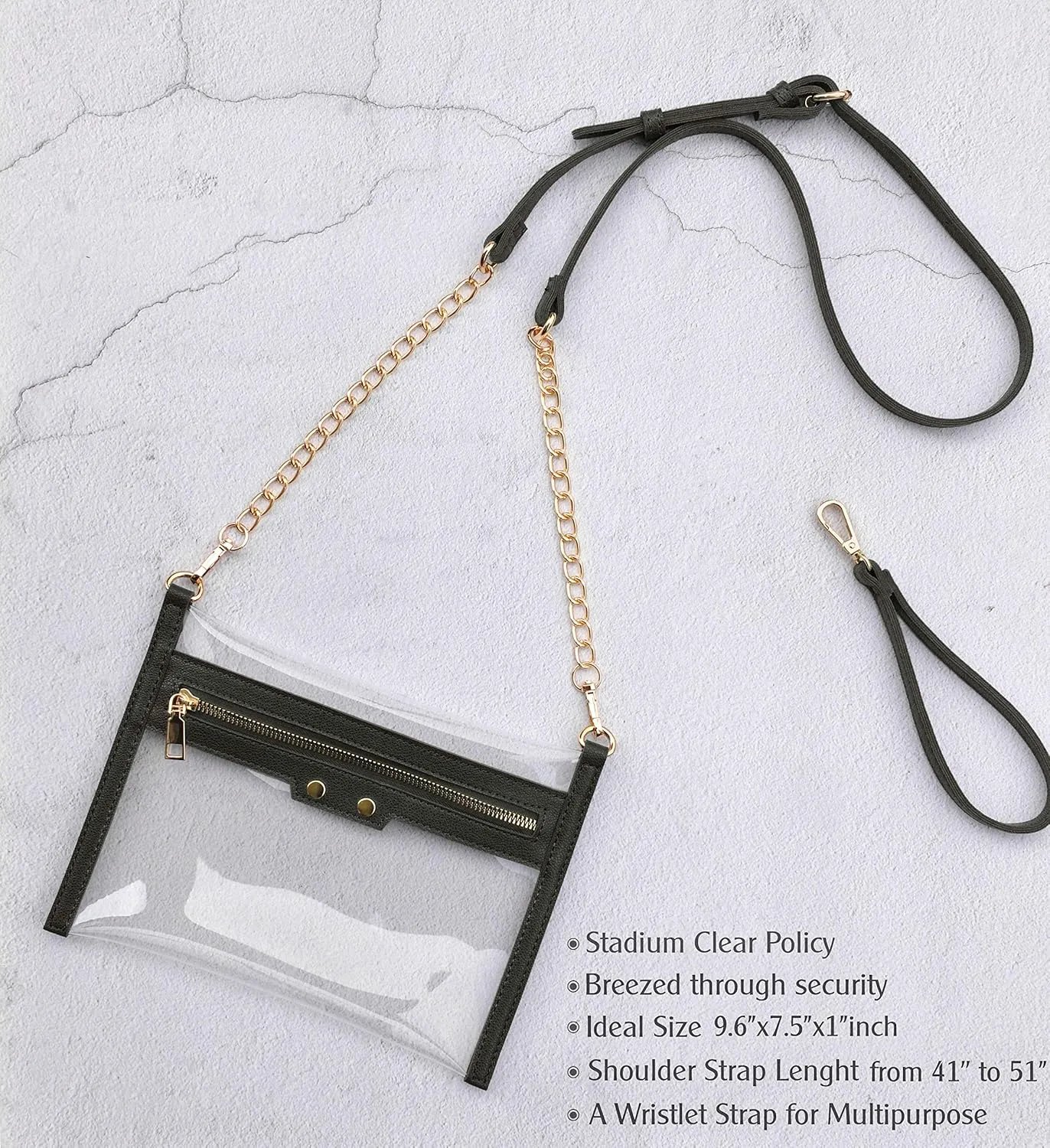 HOXIS Clear Zipper Purse Stadium Approved Women Chain Crossbody Bag Convertible Wristlet Clutch