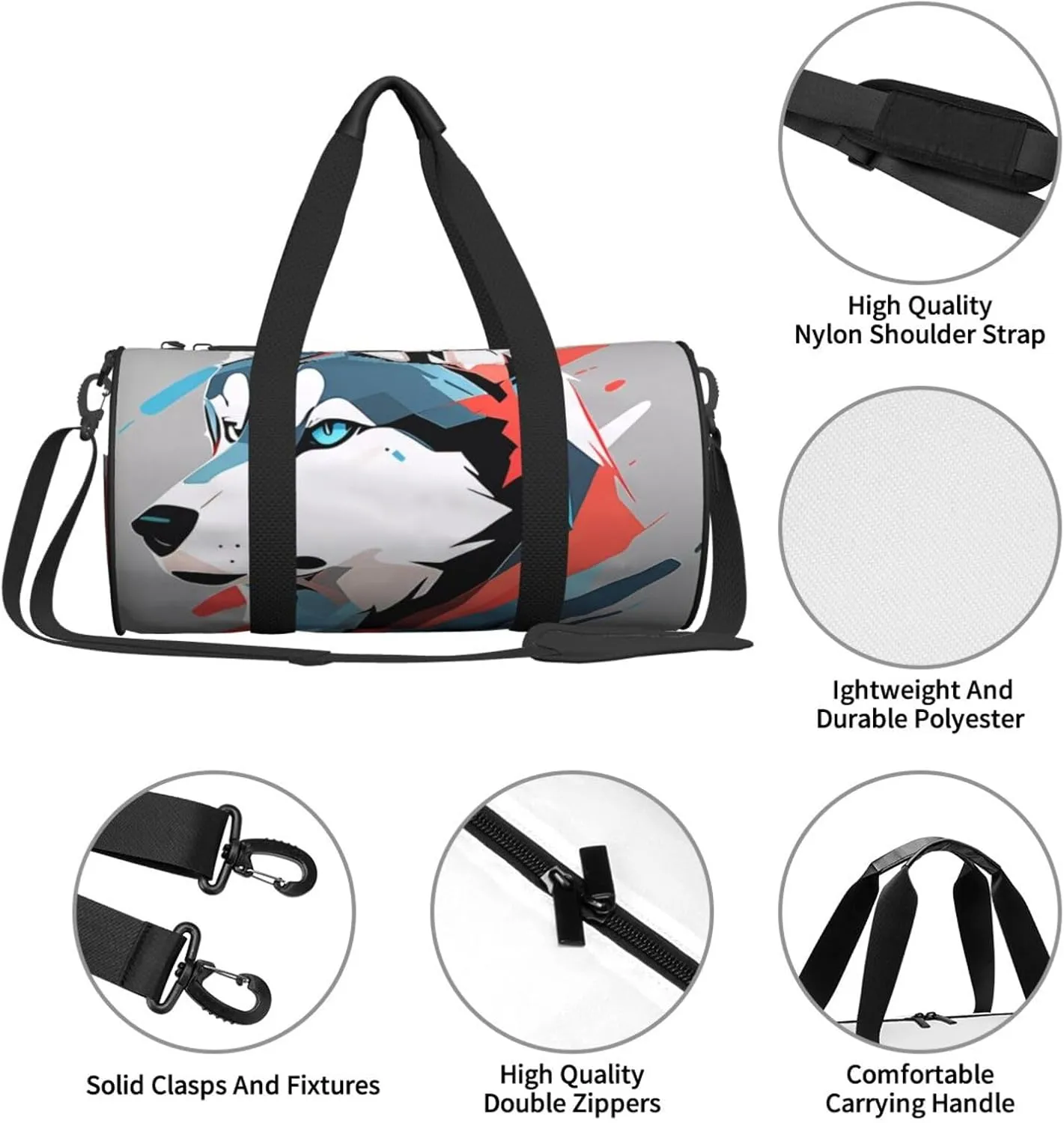 Husky Dog Printed Travel Bag,Round Personal Item Storage bag,Foldie Duffel Bag for Traveling Vacation,Fitness,Sports
