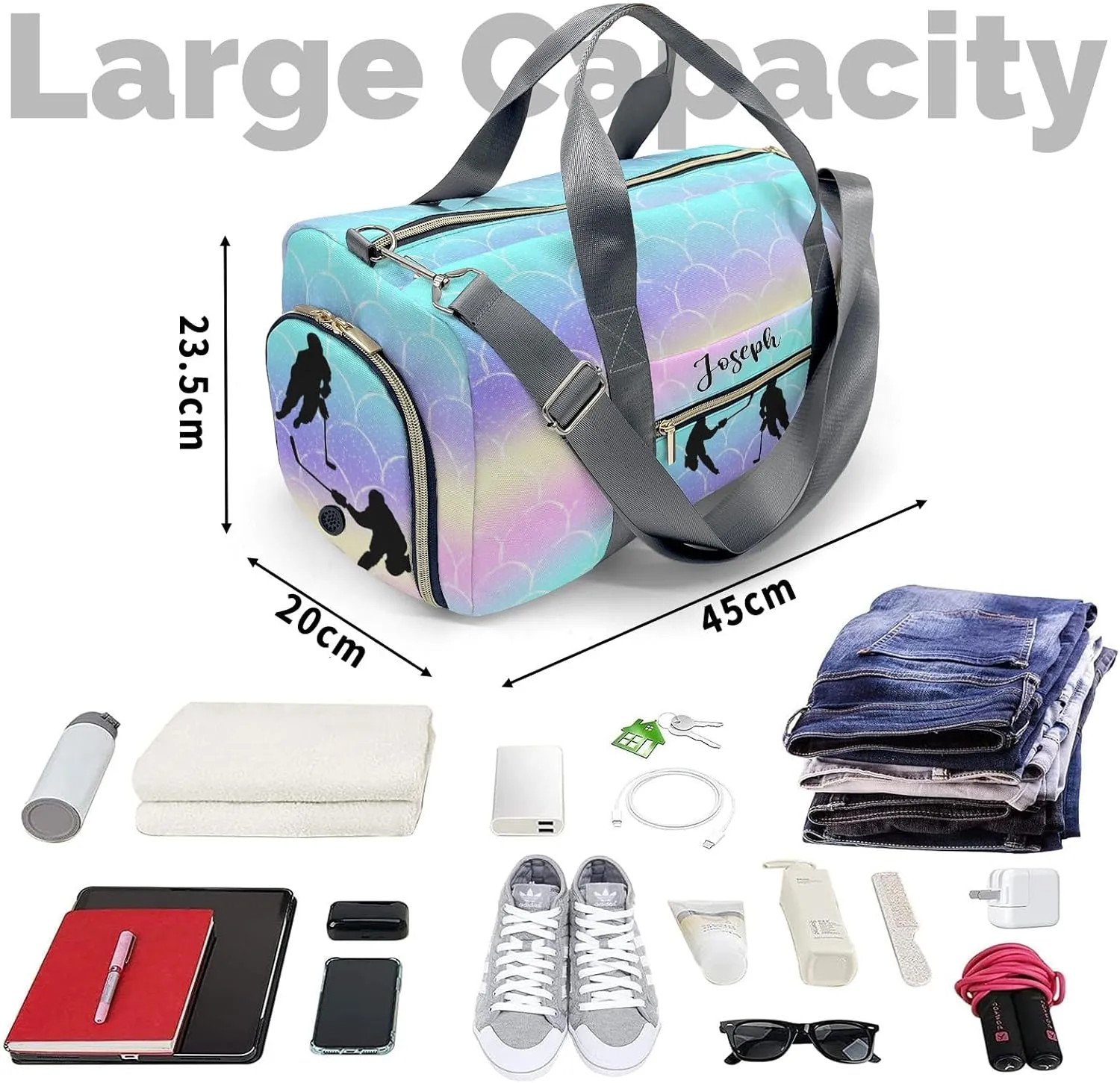 Ice Hockey Mermaid Scales Personalized Duffel Bag Travel Bag Sports Gym Bags Wet Dry Pockets Shoes Compartment Training Weekend Bag Tote for Women Men Handbag Custom Name