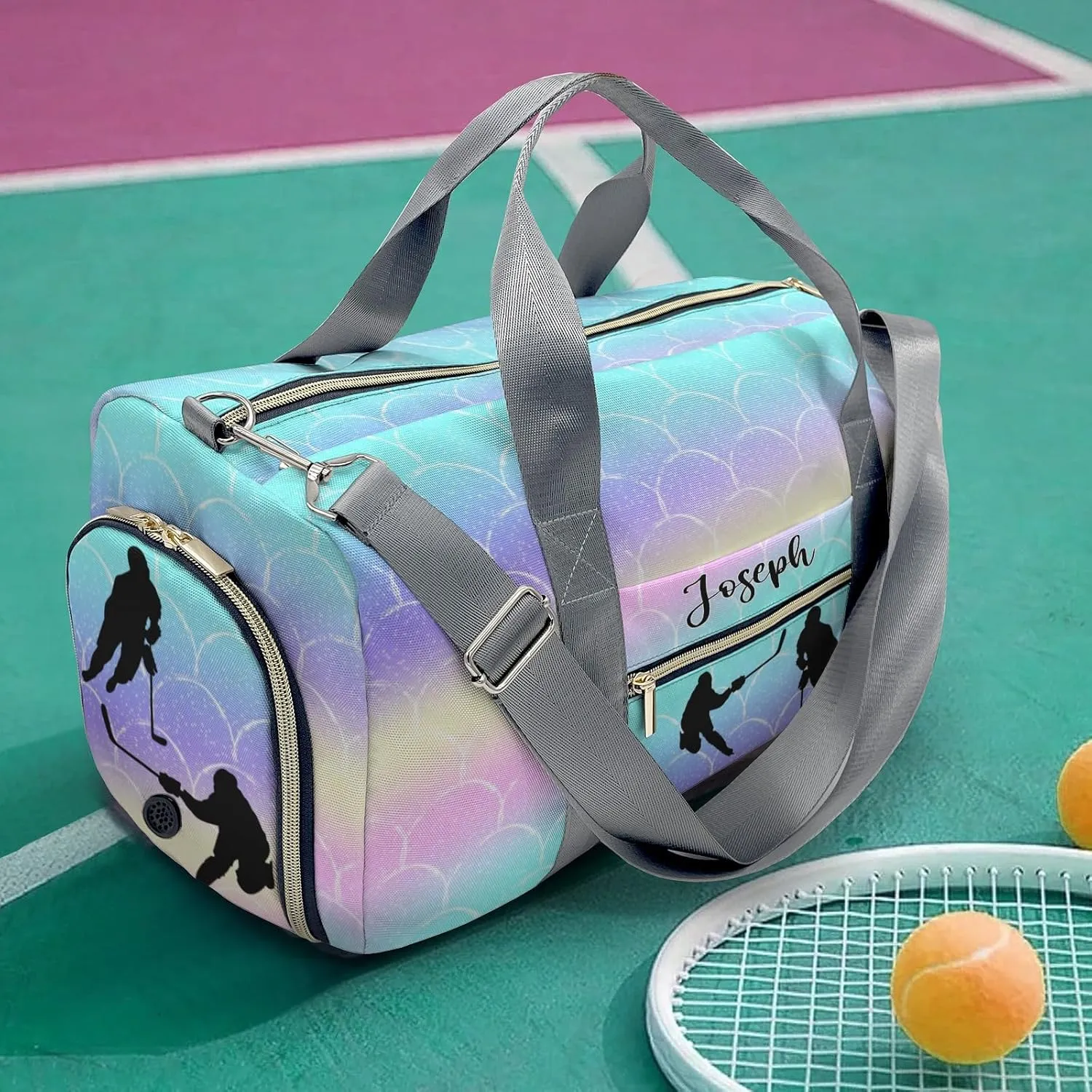 Ice Hockey Mermaid Scales Personalized Duffel Bag Travel Bag Sports Gym Bags Wet Dry Pockets Shoes Compartment Training Weekend Bag Tote for Women Men Handbag Custom Name