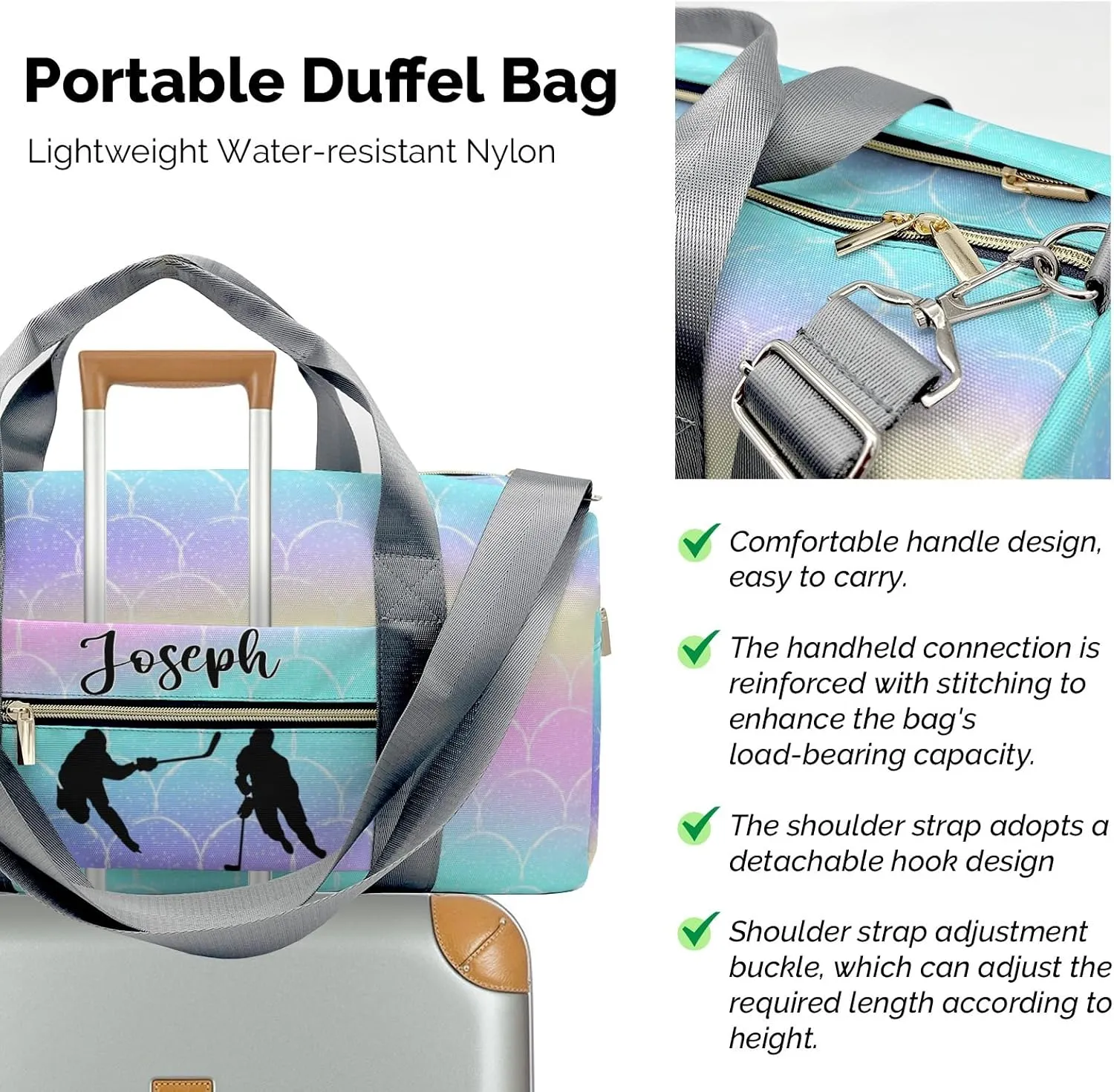 Ice Hockey Mermaid Scales Personalized Duffel Bag Travel Bag Sports Gym Bags Wet Dry Pockets Shoes Compartment Training Weekend Bag Tote for Women Men Handbag Custom Name