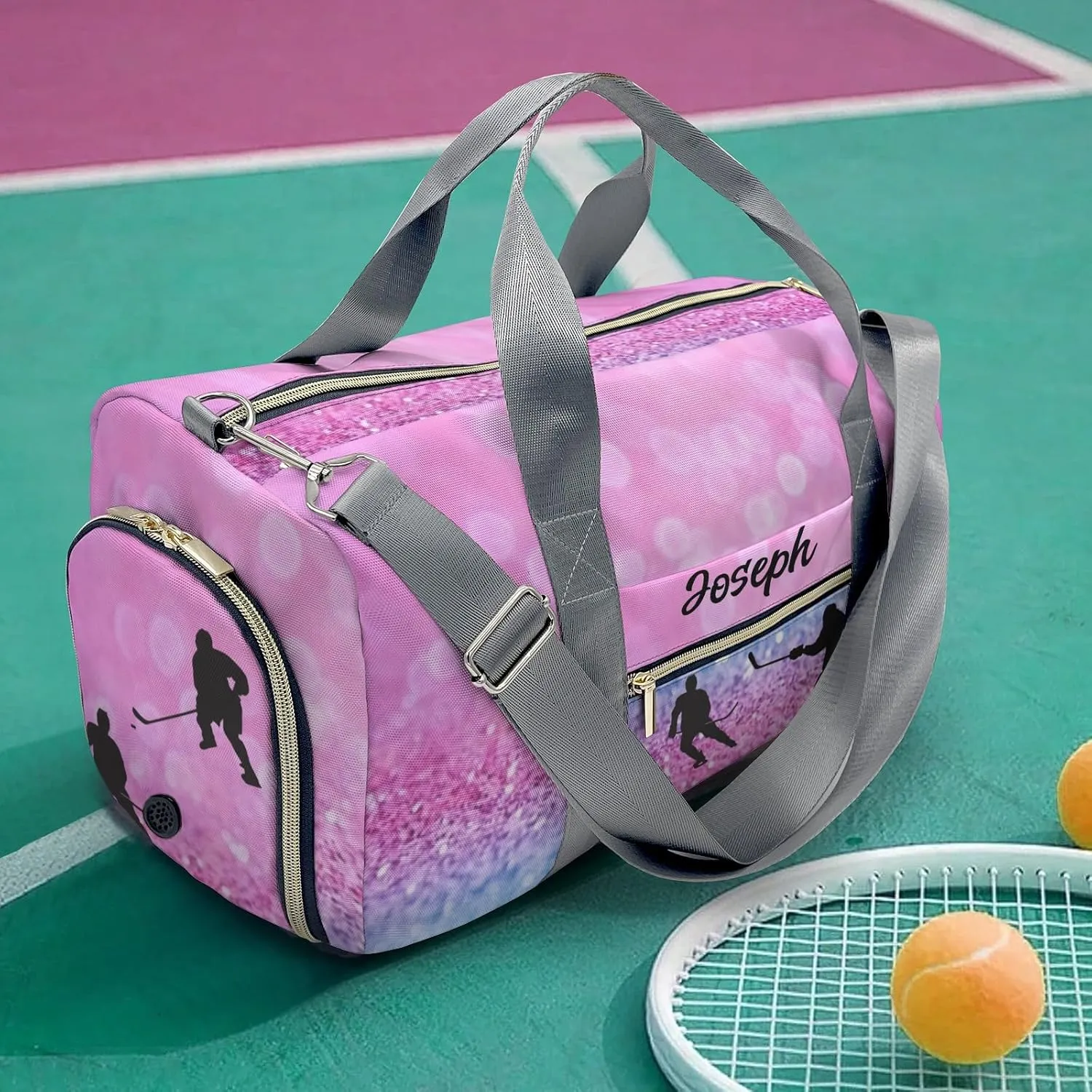 Ice Hockey Player Pink Blue Personalized Duffel Bag Travel Bag Sports Gym Bags Wet Dry Pockets Shoes Compartment Training Weekend Bag Tote for Women Men Handbag Custom Name