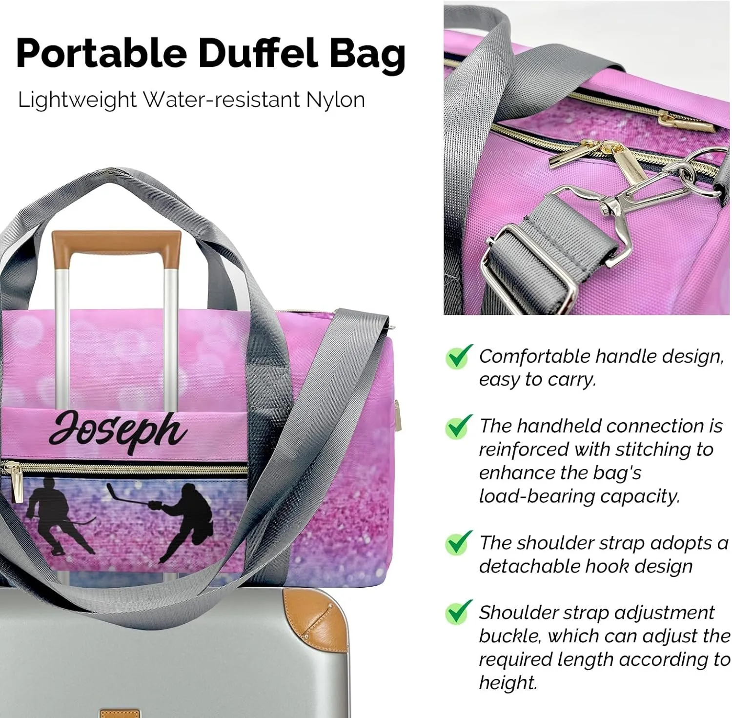 Ice Hockey Player Pink Blue Personalized Duffel Bag Travel Bag Sports Gym Bags Wet Dry Pockets Shoes Compartment Training Weekend Bag Tote for Women Men Handbag Custom Name