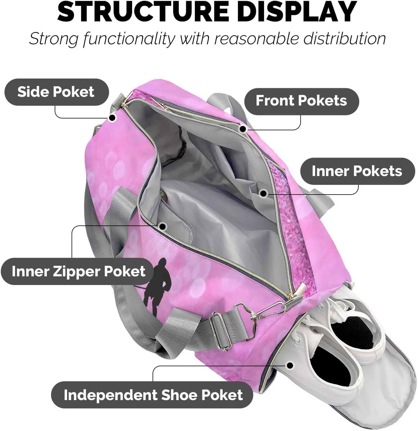 Ice Hockey Player Pink Blue Personalized Duffel Bag Travel Bag Sports Gym Bags Wet Dry Pockets Shoes Compartment Training Weekend Bag Tote for Women Men Handbag Custom Name