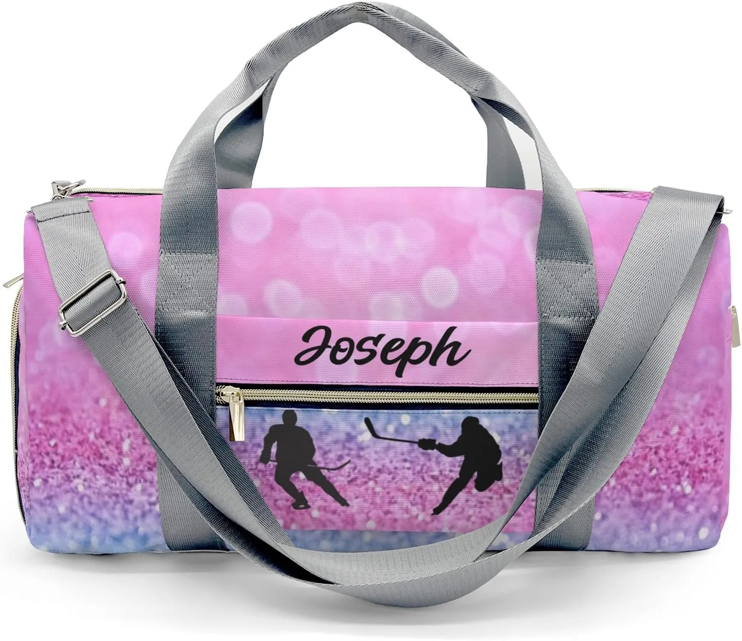 Ice Hockey Player Pink Blue Personalized Duffel Bag Travel Bag Sports Gym Bags Wet Dry Pockets Shoes Compartment Training Weekend Bag Tote for Women Men Handbag Custom Name