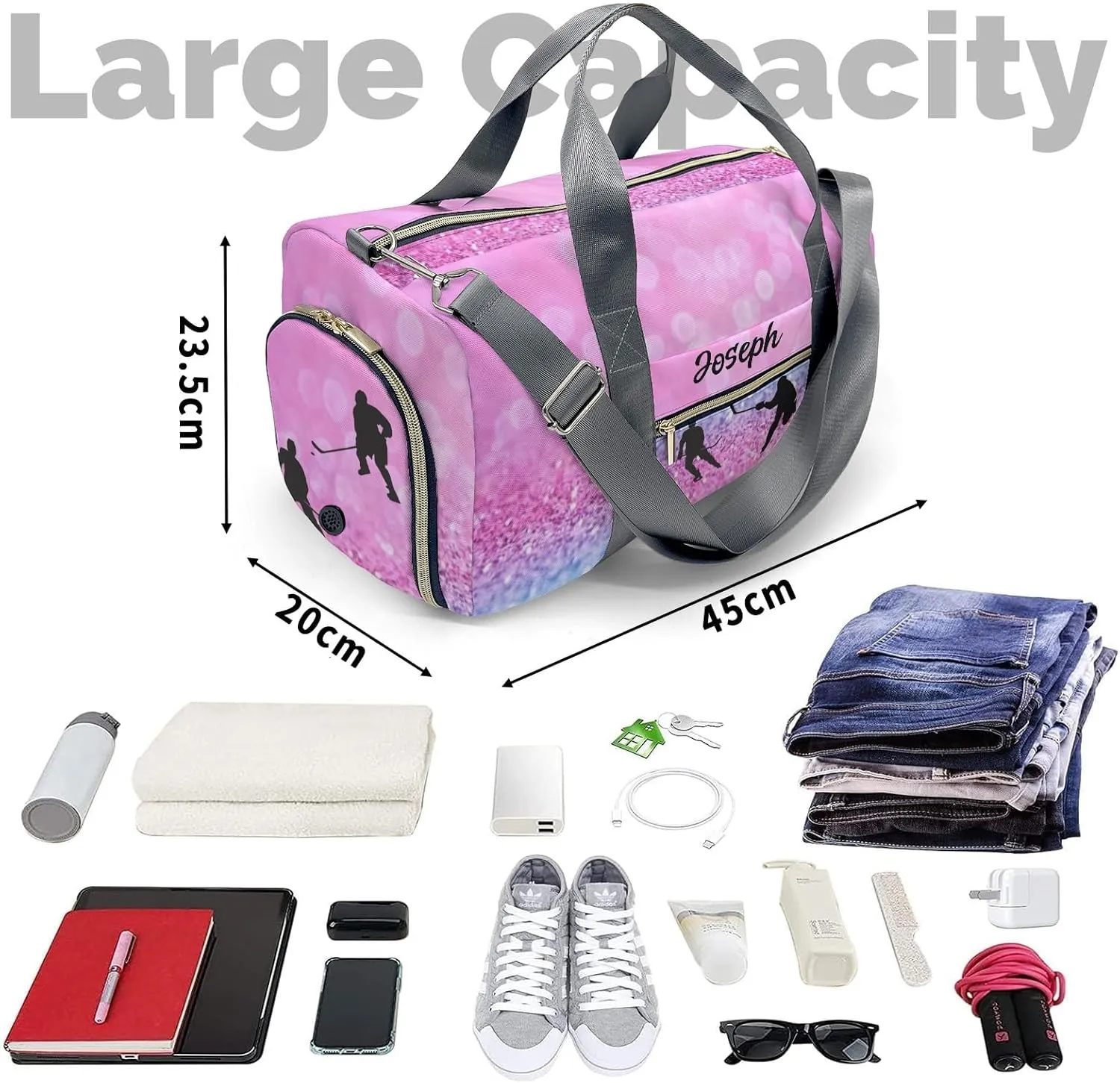 Ice Hockey Player Pink Blue Personalized Duffel Bag Travel Bag Sports Gym Bags Wet Dry Pockets Shoes Compartment Training Weekend Bag Tote for Women Men Handbag Custom Name