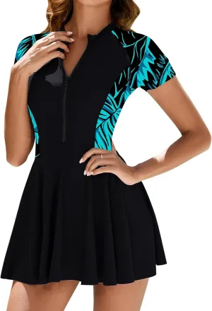 IDOPIP Women's One Piece Swimsuit Dress Tummy Control Swimwear Swimdress Leaves Print Rash Guard Zipper Surfing Bathing Suit
