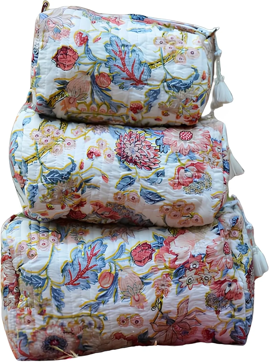 INDACORIFY Indian Cotton Floral Print Toiletry Bag Set of 3 Pieces Quilted Travel Shaving Kit Make up Pouch