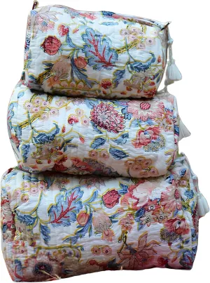 INDACORIFY Indian Cotton Floral Print Toiletry Bag Set of 3 Pieces Quilted Travel Shaving Kit Make up Pouch