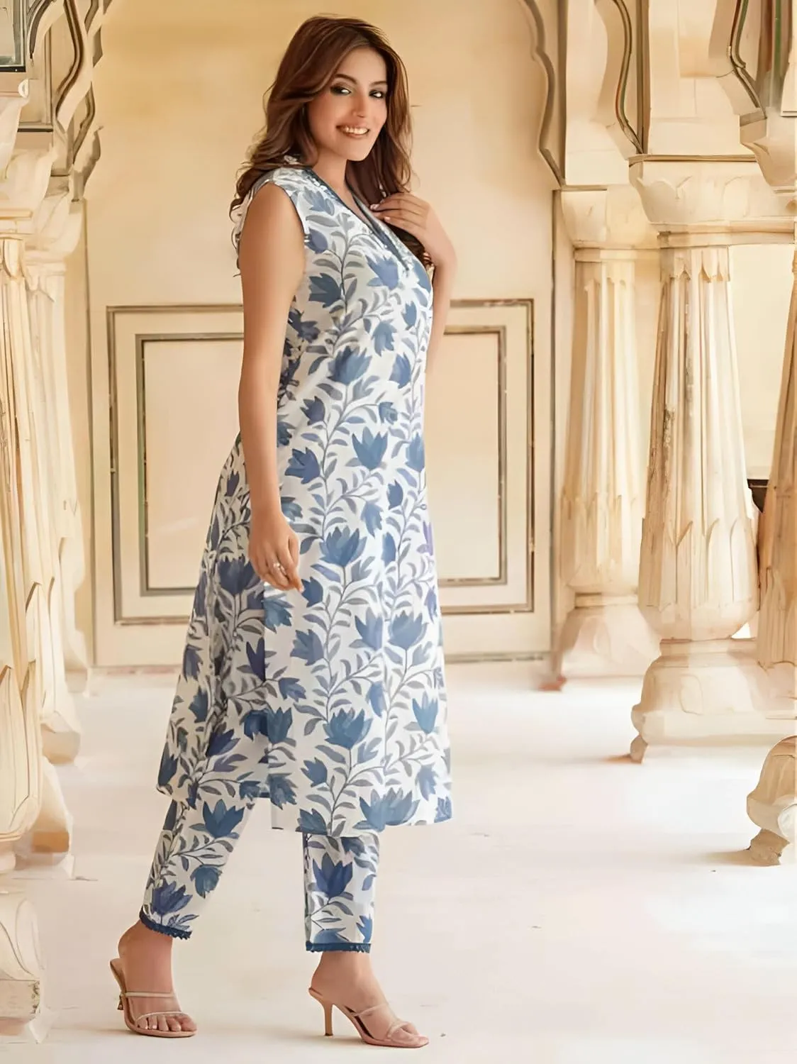 INDACORIFY Women's Cord Shirt Set Dress Cotton Beautiful Floral Printed Work Kurti Pant Indian Suit