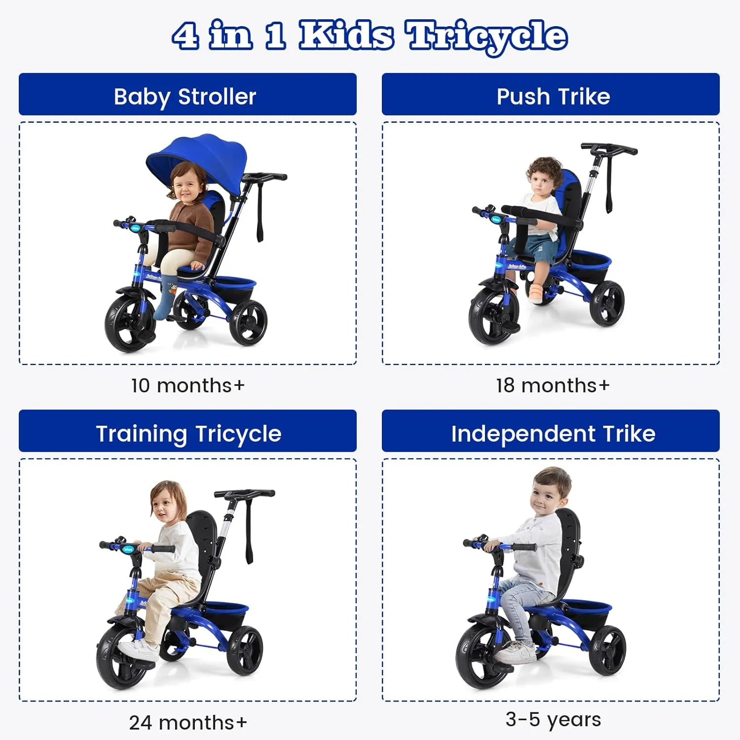 INFANS Kids Tricycle, 6 in 1 Stroll Trike with Adjustable Push Handle, Removable Canopy, Retractable Foot Plate, Lockable Pedal, Detachable Guardrail, Suitable for 10 Months to 5 Years (Blue)