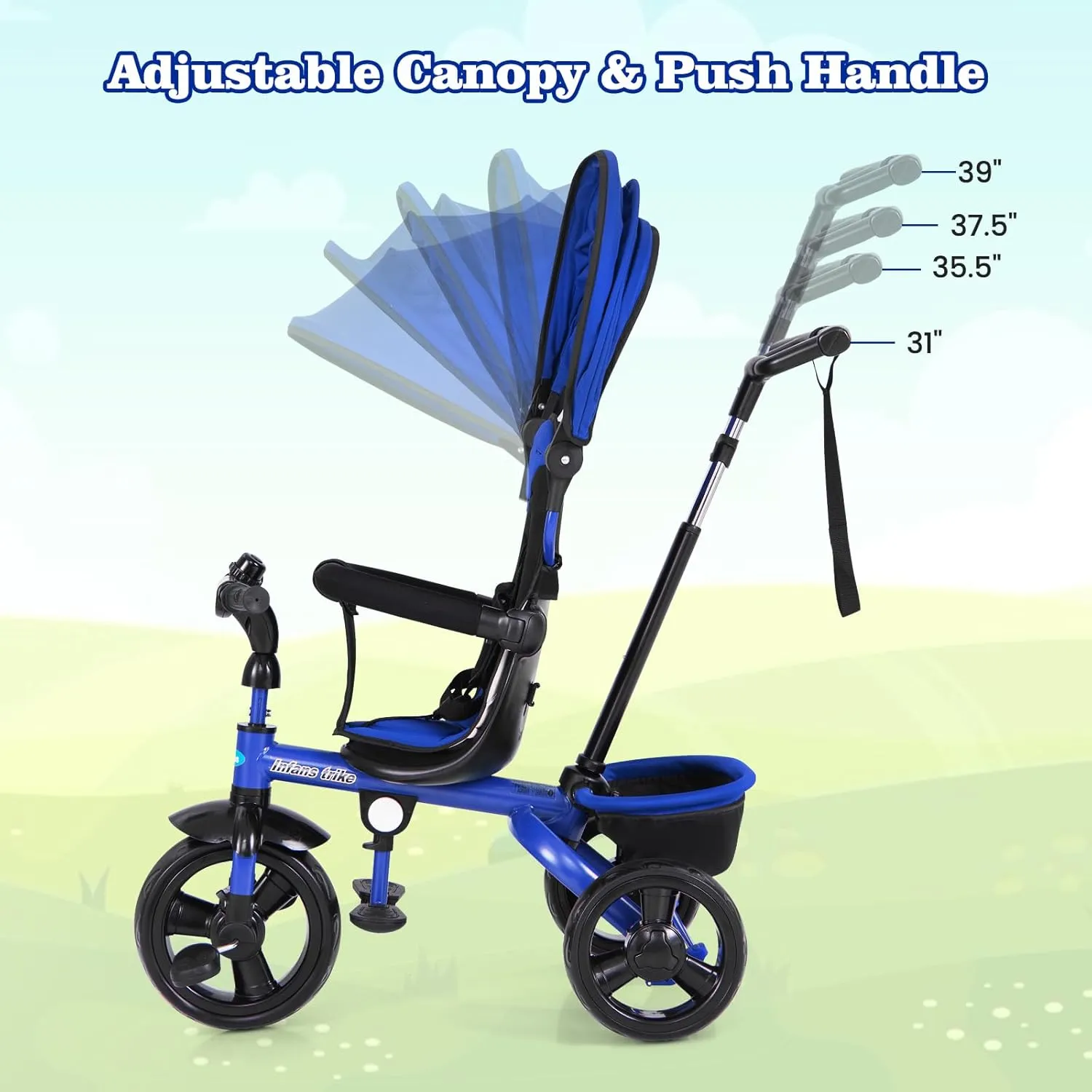 INFANS Kids Tricycle, 6 in 1 Stroll Trike with Adjustable Push Handle, Removable Canopy, Retractable Foot Plate, Lockable Pedal, Detachable Guardrail, Suitable for 10 Months to 5 Years (Blue)