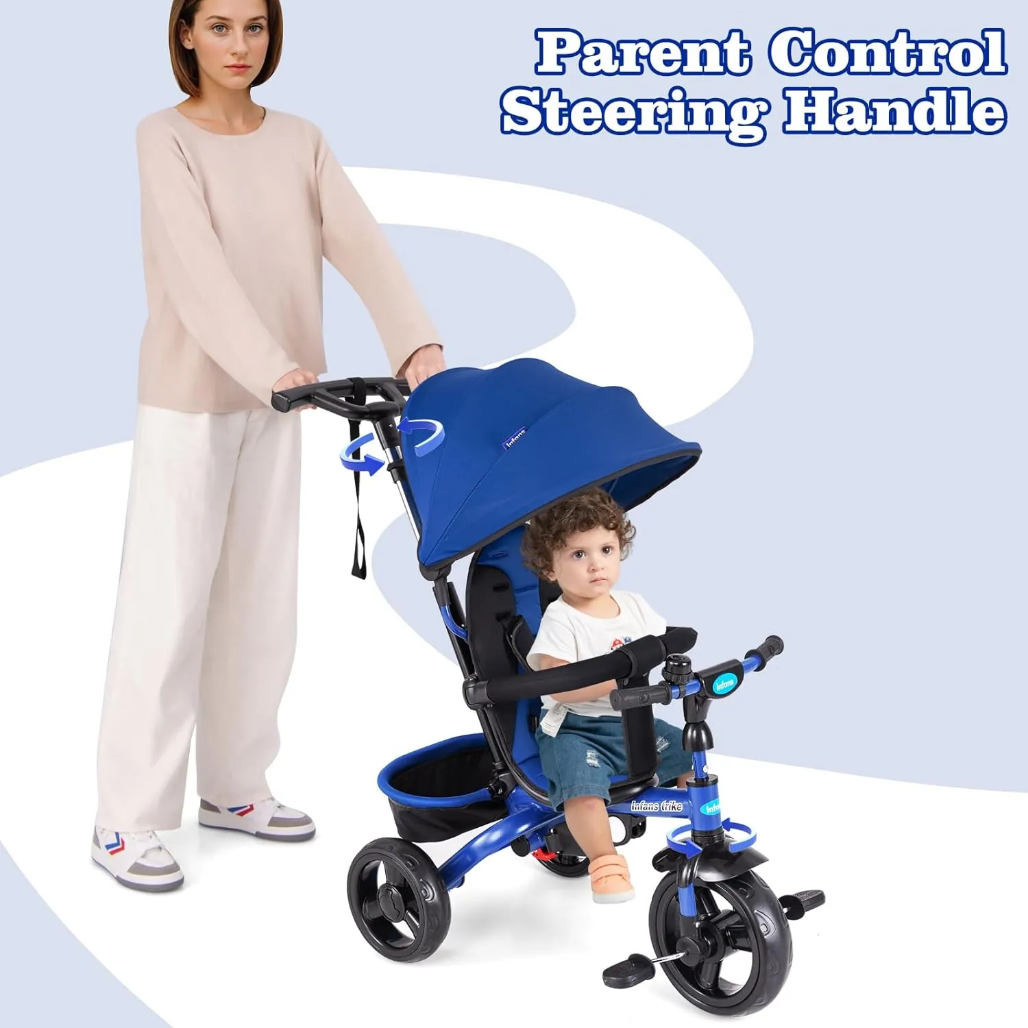 INFANS Kids Tricycle, 6 in 1 Stroll Trike with Adjustable Push Handle, Removable Canopy, Retractable Foot Plate, Lockable Pedal, Detachable Guardrail, Suitable for 10 Months to 5 Years (Blue)