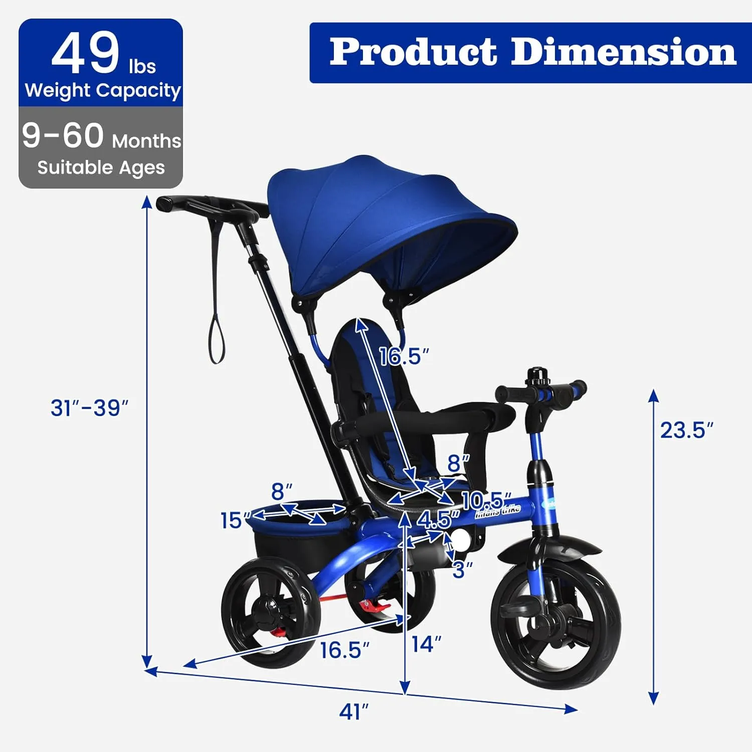INFANS Kids Tricycle, 6 in 1 Stroll Trike with Adjustable Push Handle, Removable Canopy, Retractable Foot Plate, Lockable Pedal, Detachable Guardrail, Suitable for 10 Months to 5 Years (Blue)