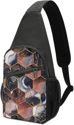 Ink Hexagon Texture with Gold Crossbody Bags Chest Bag Sling Backpack Adjustable Shoulder Bag for Cycling Camping Hiking Sports Travel pattern22