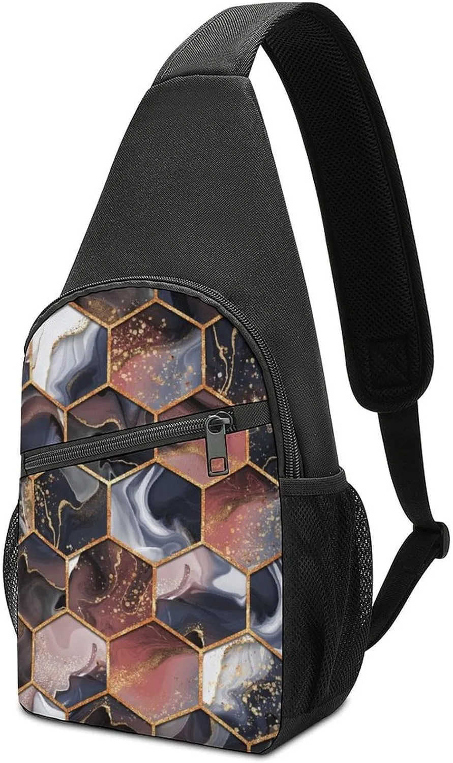 Ink Hexagon Texture with Gold Crossbody Bags Chest Bag Sling Backpack Adjustable Shoulder Bag for Cycling Camping Hiking Sports Travel pattern22
