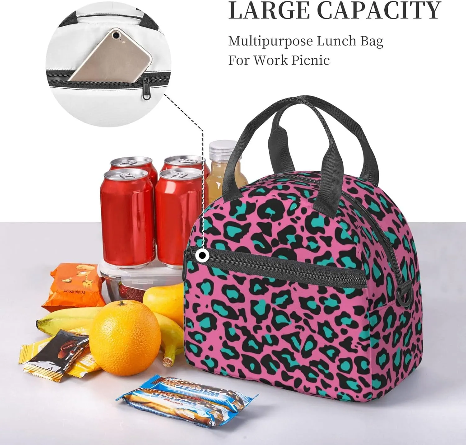 Inspirational,Insulated Reusable Lunch Bag with Adjustable Shoulder Strap for Adults,Breast Cancer Awareness Sketch,Leakproof Office Picnic Hiking Beach Tote Bag,Pink Black,9x5x7.8in
