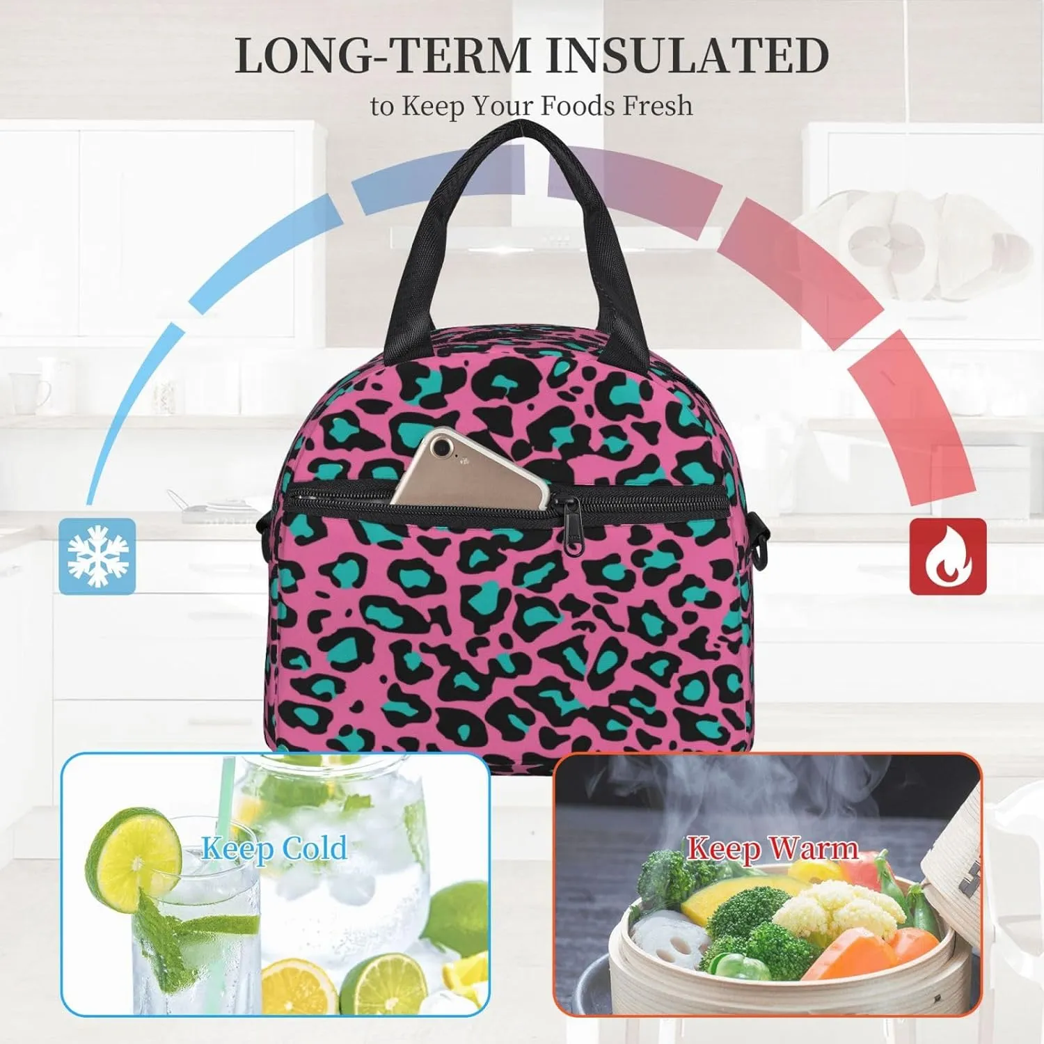 Inspirational,Insulated Reusable Lunch Bag with Adjustable Shoulder Strap for Adults,Breast Cancer Awareness Sketch,Leakproof Office Picnic Hiking Beach Tote Bag,Pink Black,9x5x7.8in