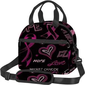 Inspirational,Insulated Reusable Lunch Bag with Adjustable Shoulder Strap for Adults,Breast Cancer Awareness Sketch,Leakproof Office Picnic Hiking Beach Tote Bag,Pink Black,9x5x7.8in