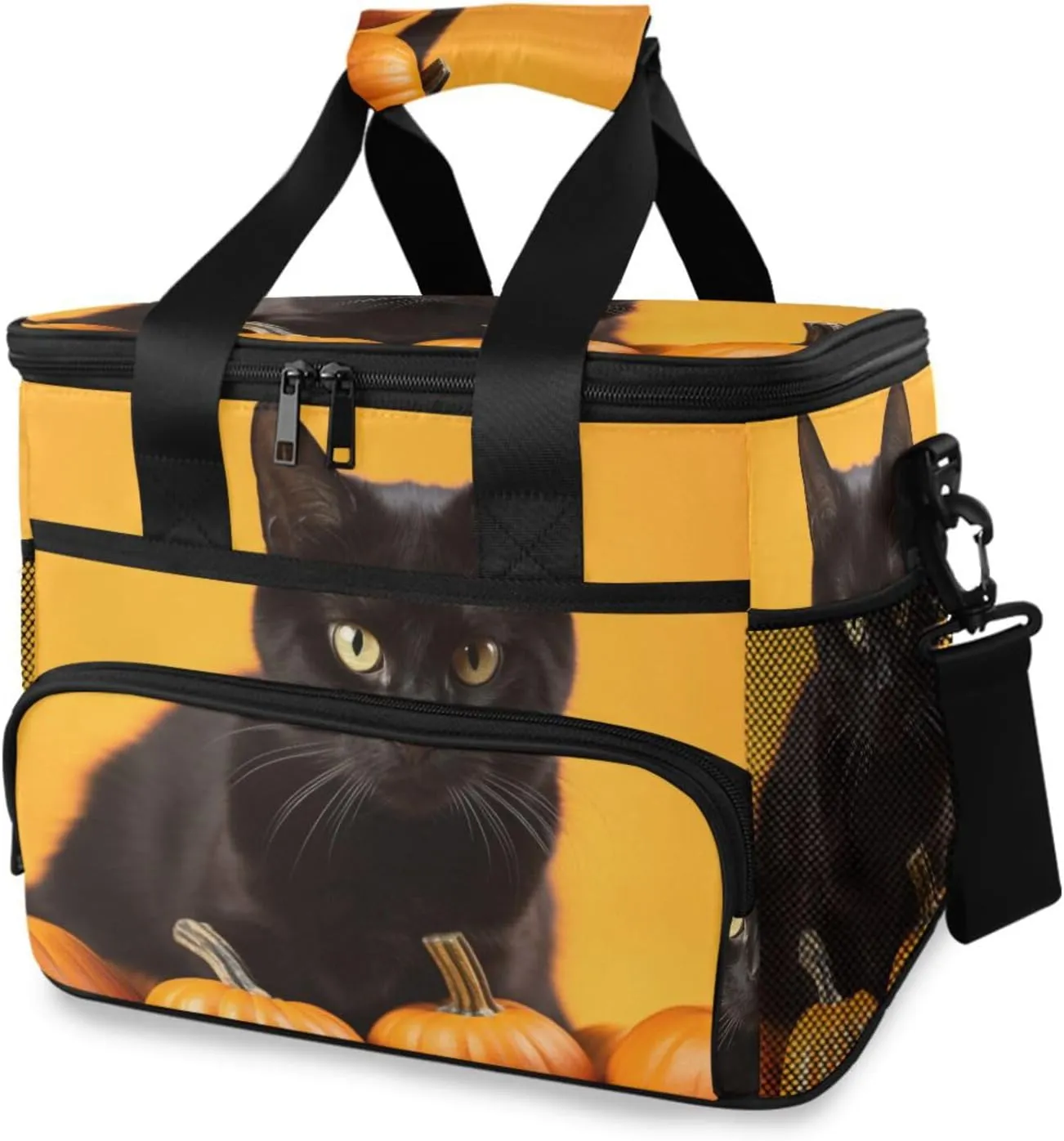 Insulated Cooler Bag 24 Cans Large Capacity Lunch Box-Black Cat Pumpkin Print Leak Proof with Shoulder Strap for Camping Picnic