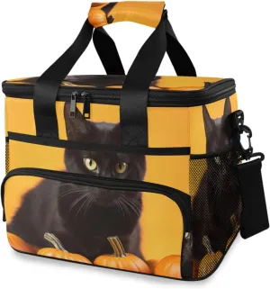 Insulated Cooler Bag 24 Cans Large Capacity Lunch Box-Black Cat Pumpkin Print Leak Proof with Shoulder Strap for Camping Picnic