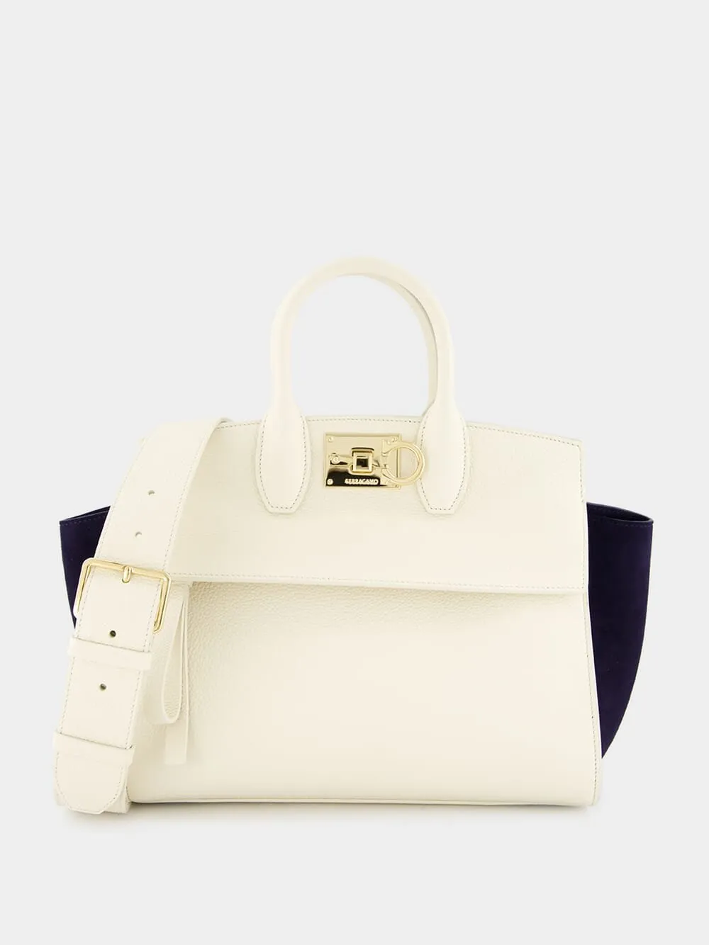 Ivory Suede-Trimmed Small Studio Bag