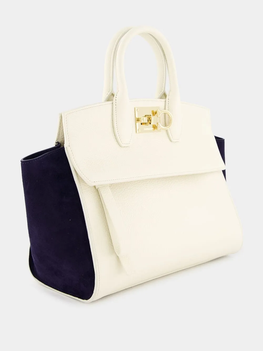 Ivory Suede-Trimmed Small Studio Bag