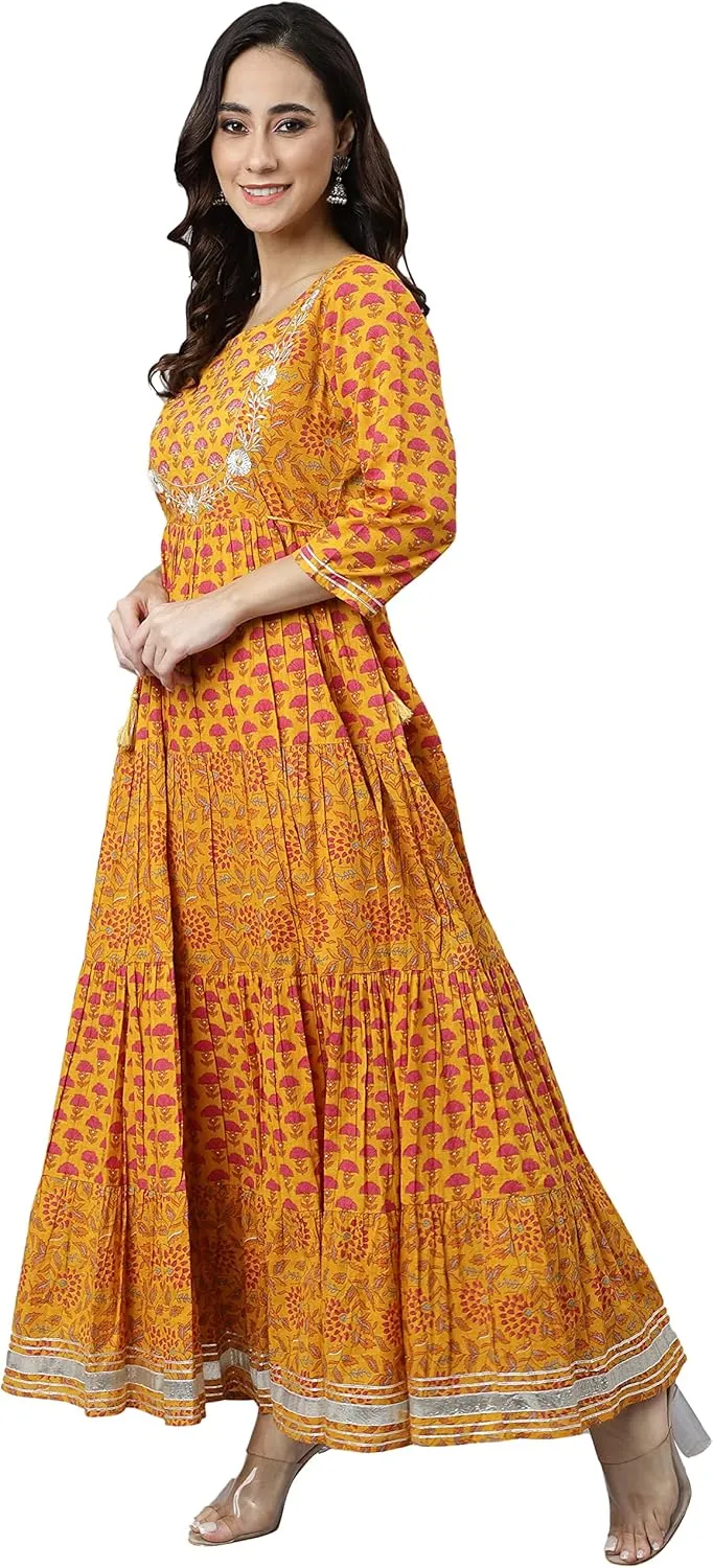 Janasya Indian Women's Mustard Pure Cotton Embroidered Flared Printed Festive Party Maxi Gown Dress Long Kurta for Women