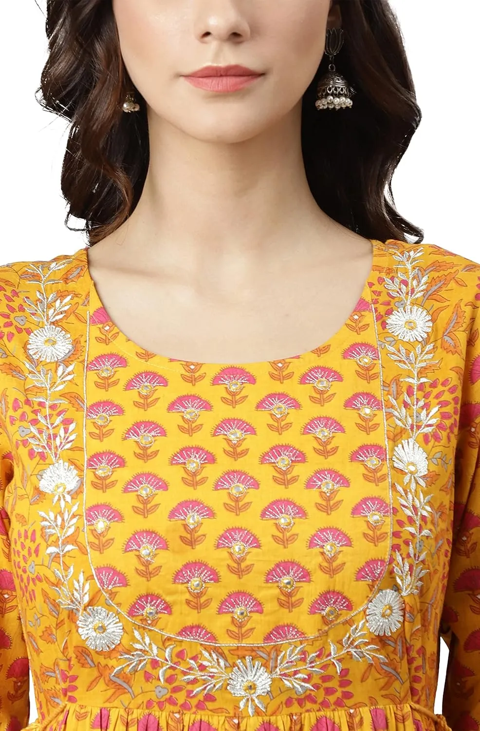 Janasya Indian Women's Mustard Pure Cotton Embroidered Flared Printed Festive Party Maxi Gown Dress Long Kurta for Women