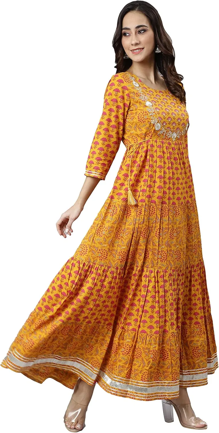 Janasya Indian Women's Mustard Pure Cotton Embroidered Flared Printed Festive Party Maxi Gown Dress Long Kurta for Women