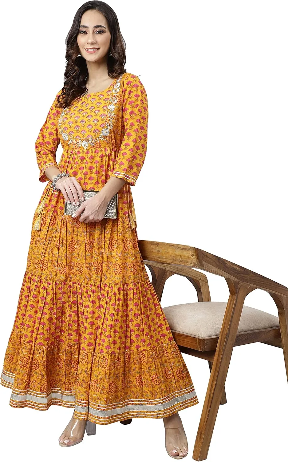 Janasya Indian Women's Mustard Pure Cotton Embroidered Flared Printed Festive Party Maxi Gown Dress Long Kurta for Women