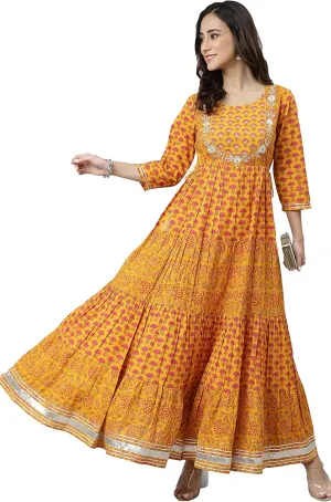 Janasya Indian Women's Mustard Pure Cotton Embroidered Flared Printed Festive Party Maxi Gown Dress Long Kurta for Women