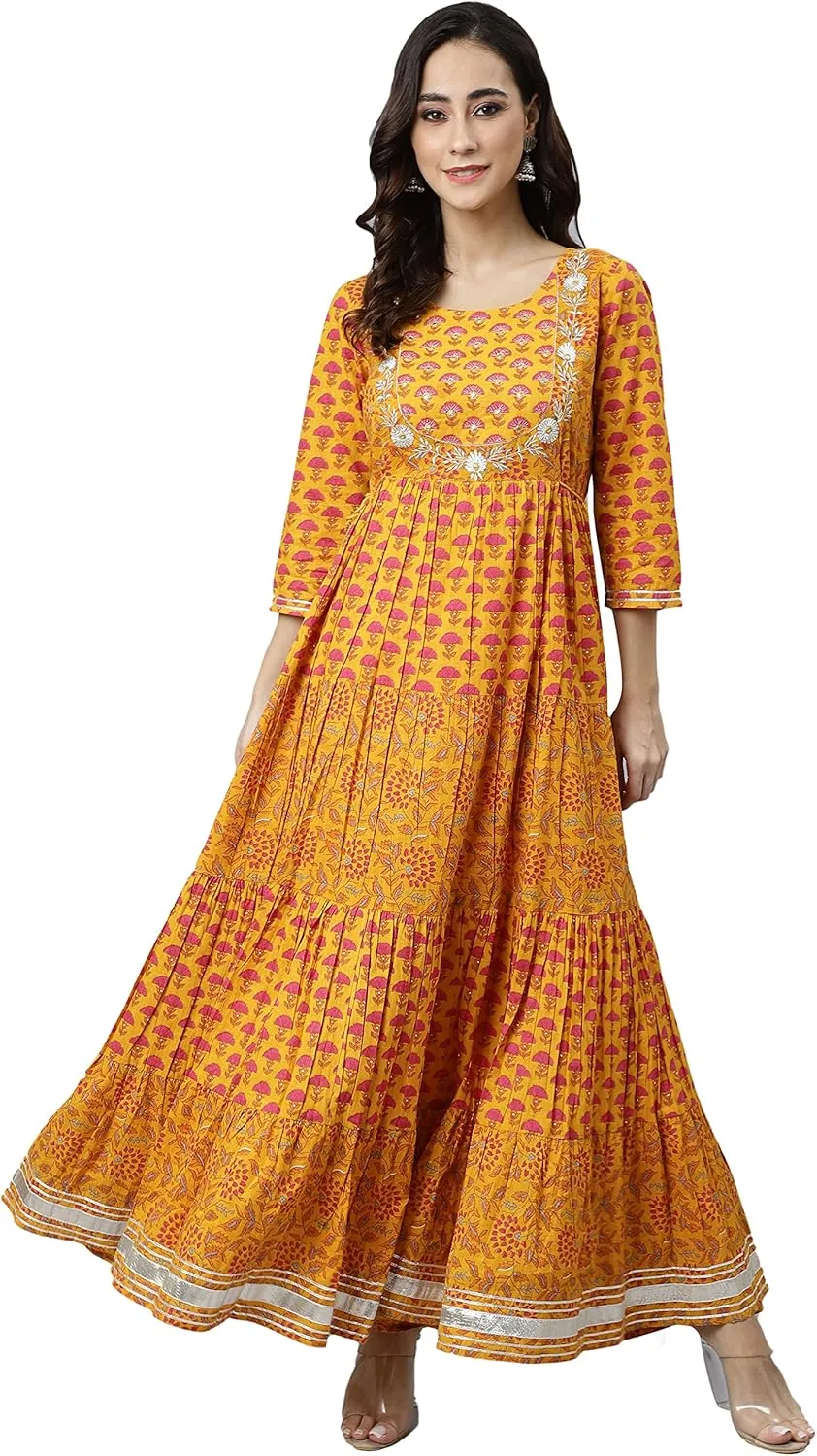 Janasya Indian Women's Mustard Pure Cotton Embroidered Flared Printed Festive Party Maxi Gown Dress Long Kurta for Women