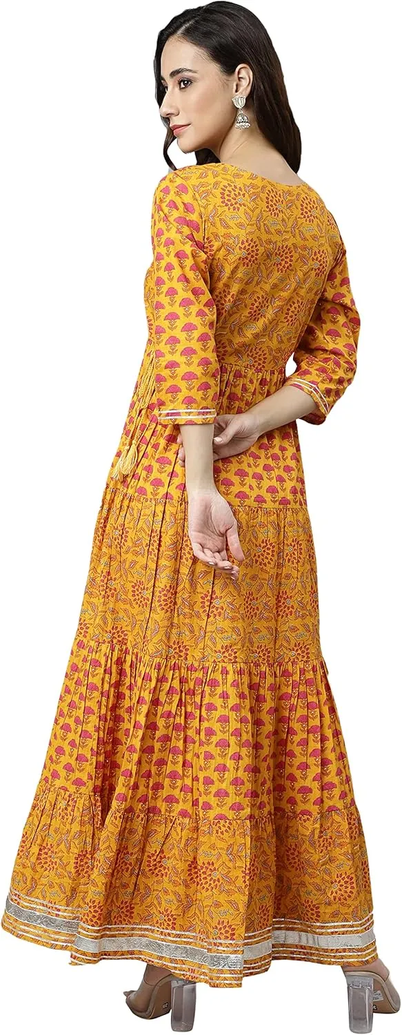 Janasya Indian Women's Mustard Pure Cotton Embroidered Flared Printed Festive Party Maxi Gown Dress Long Kurta for Women