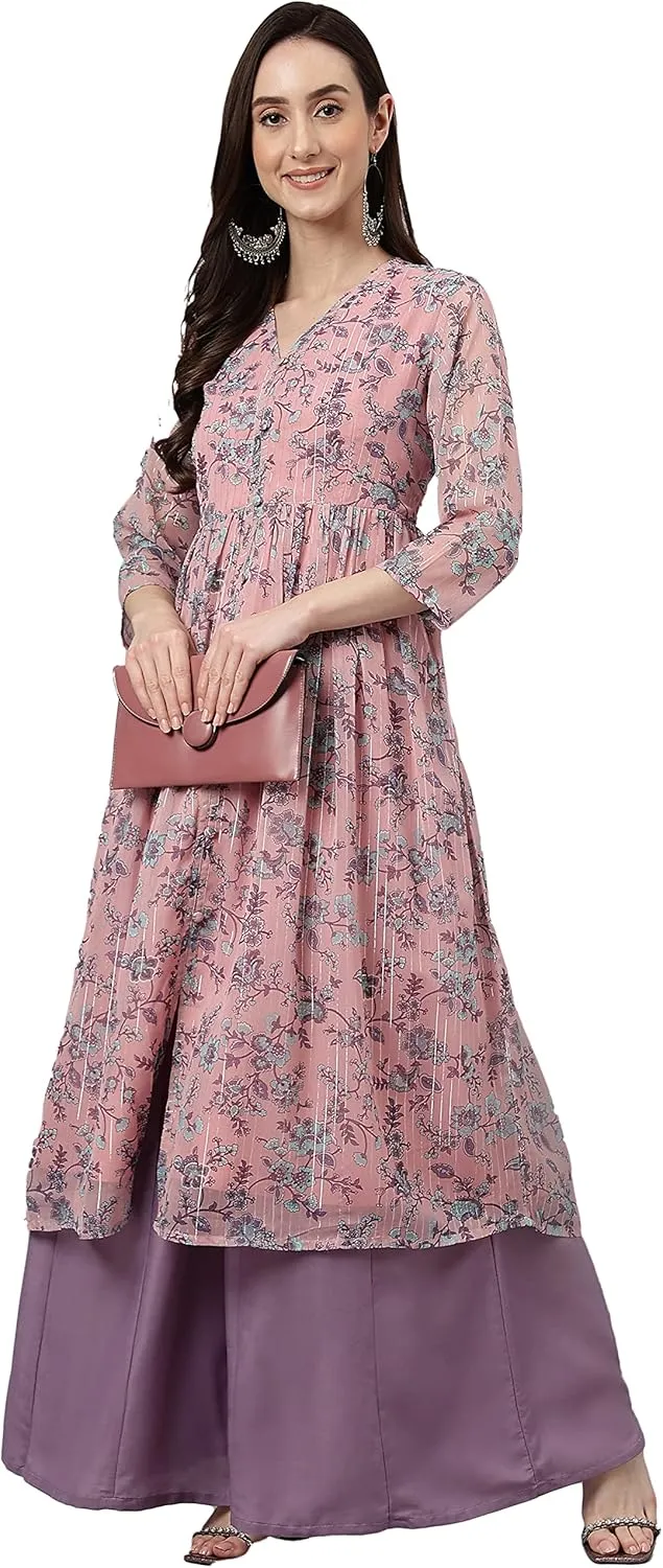 Janasya Indian Women's Pink Flowy Kurta Kurti Top Tunic Floral Print Flared Casual wear Kurta for Women