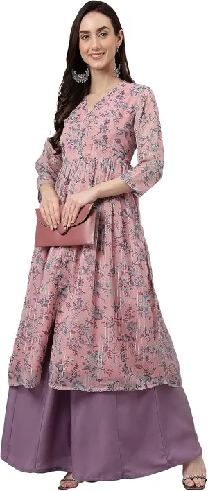 Janasya Indian Women's Pink Flowy Kurta Kurti Top Tunic Floral Print Flared Casual wear Kurta for Women