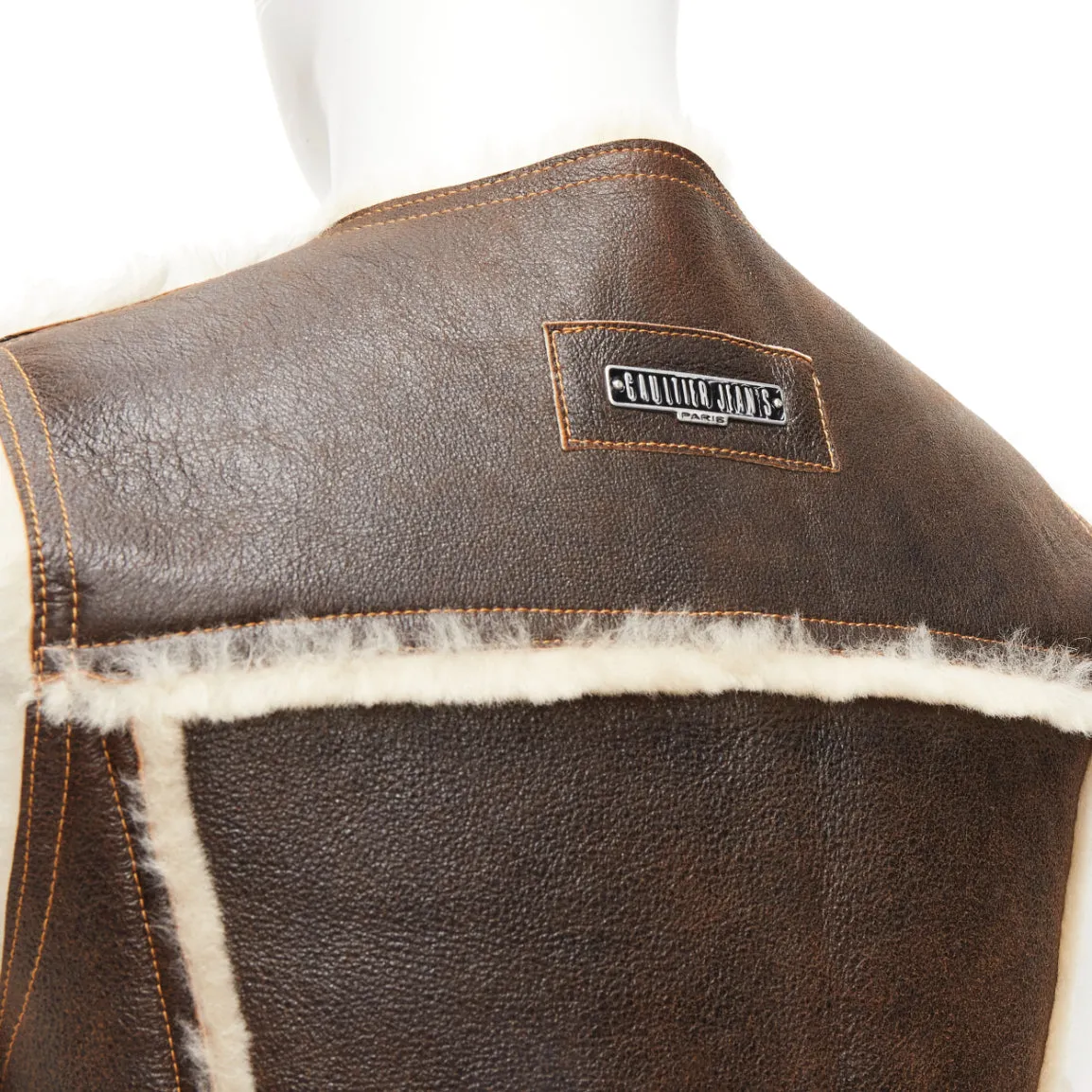 JEAN PAUL GAULTIER JEANS Vintage brown shearling lined logo zip vest FR42 XXS