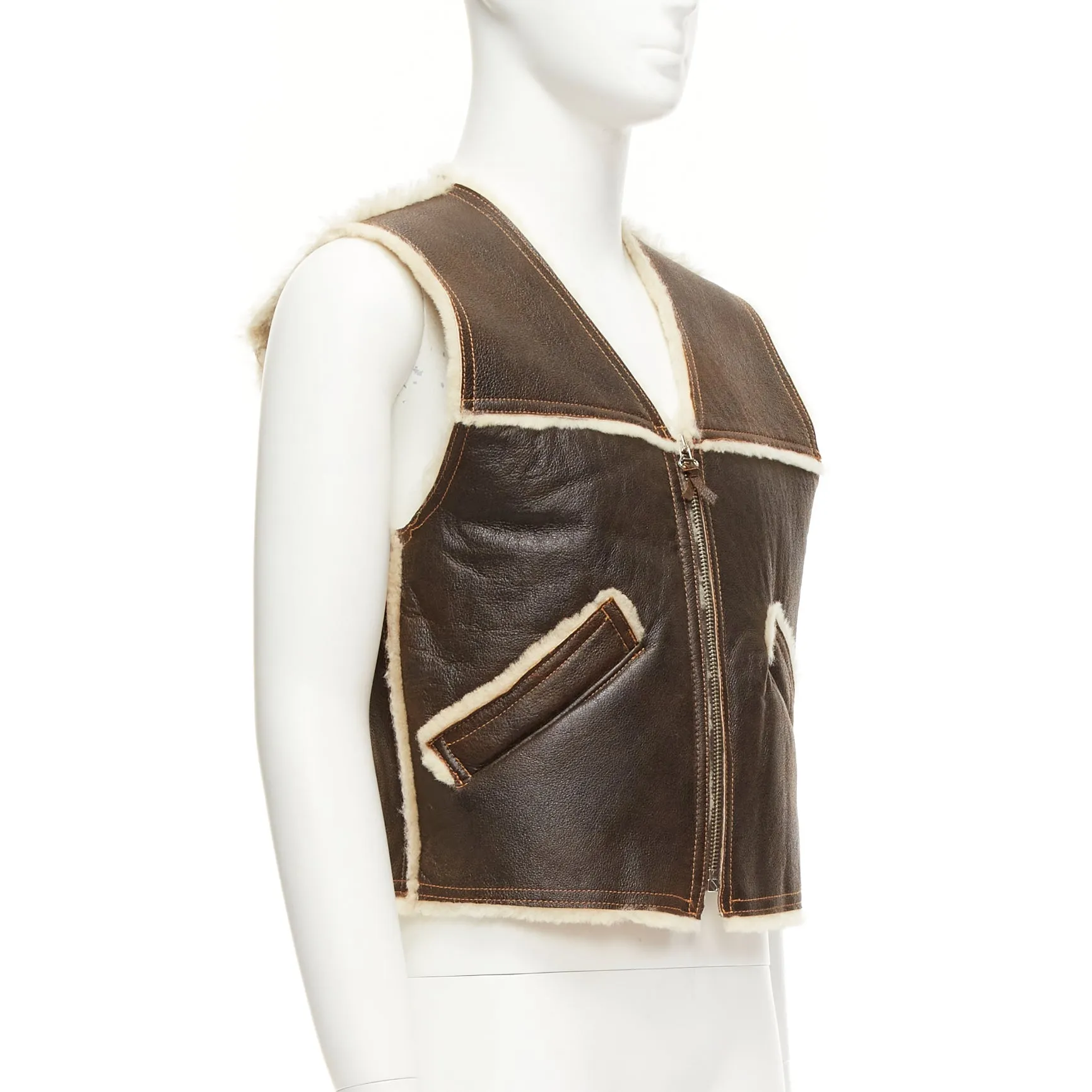 JEAN PAUL GAULTIER JEANS Vintage brown shearling lined logo zip vest FR42 XXS