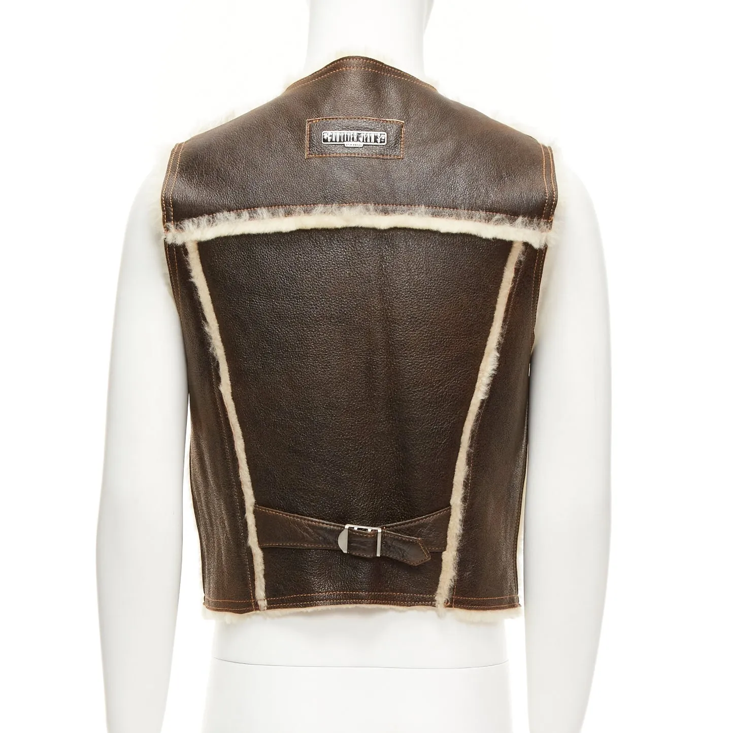 JEAN PAUL GAULTIER JEANS Vintage brown shearling lined logo zip vest FR42 XXS