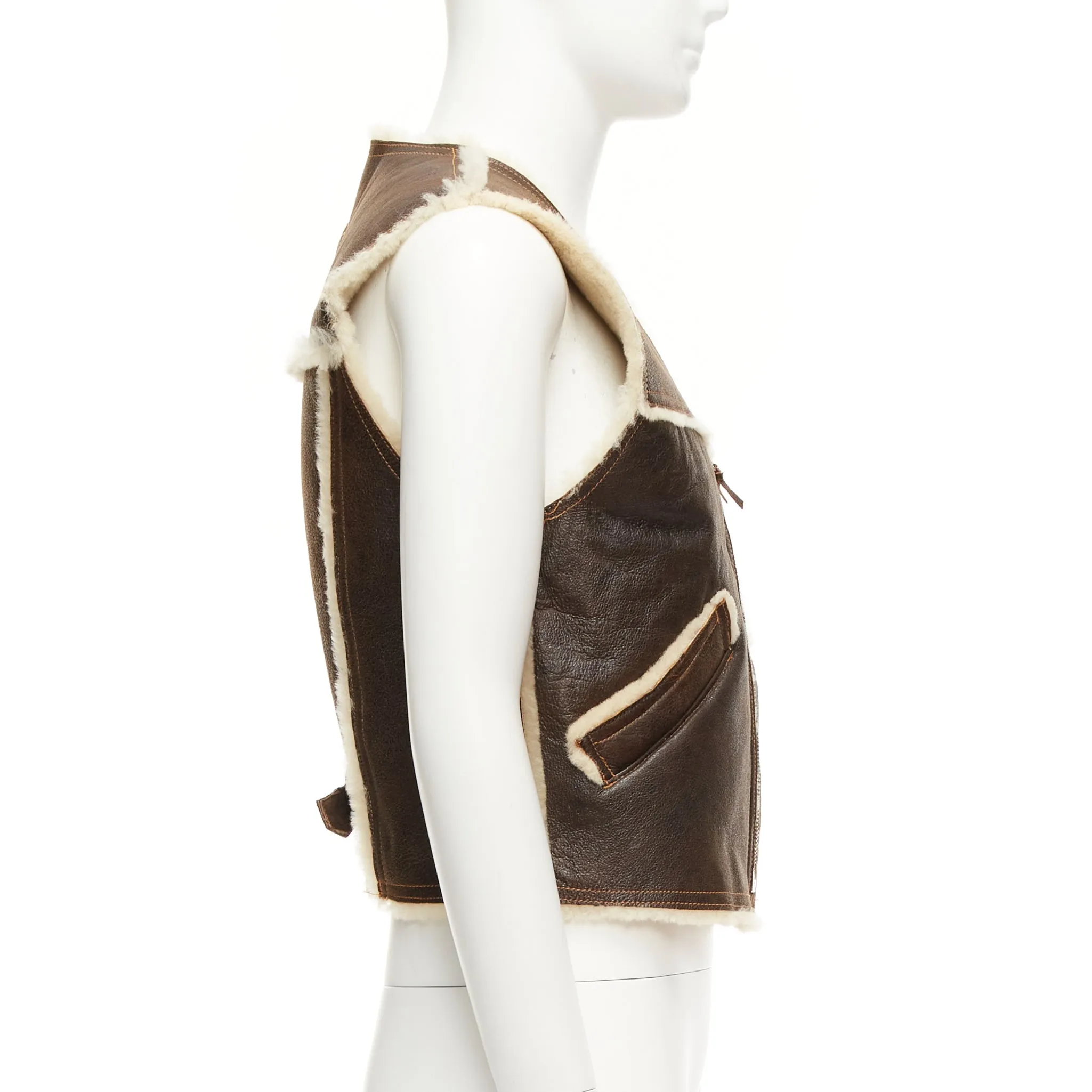 JEAN PAUL GAULTIER JEANS Vintage brown shearling lined logo zip vest FR42 XXS